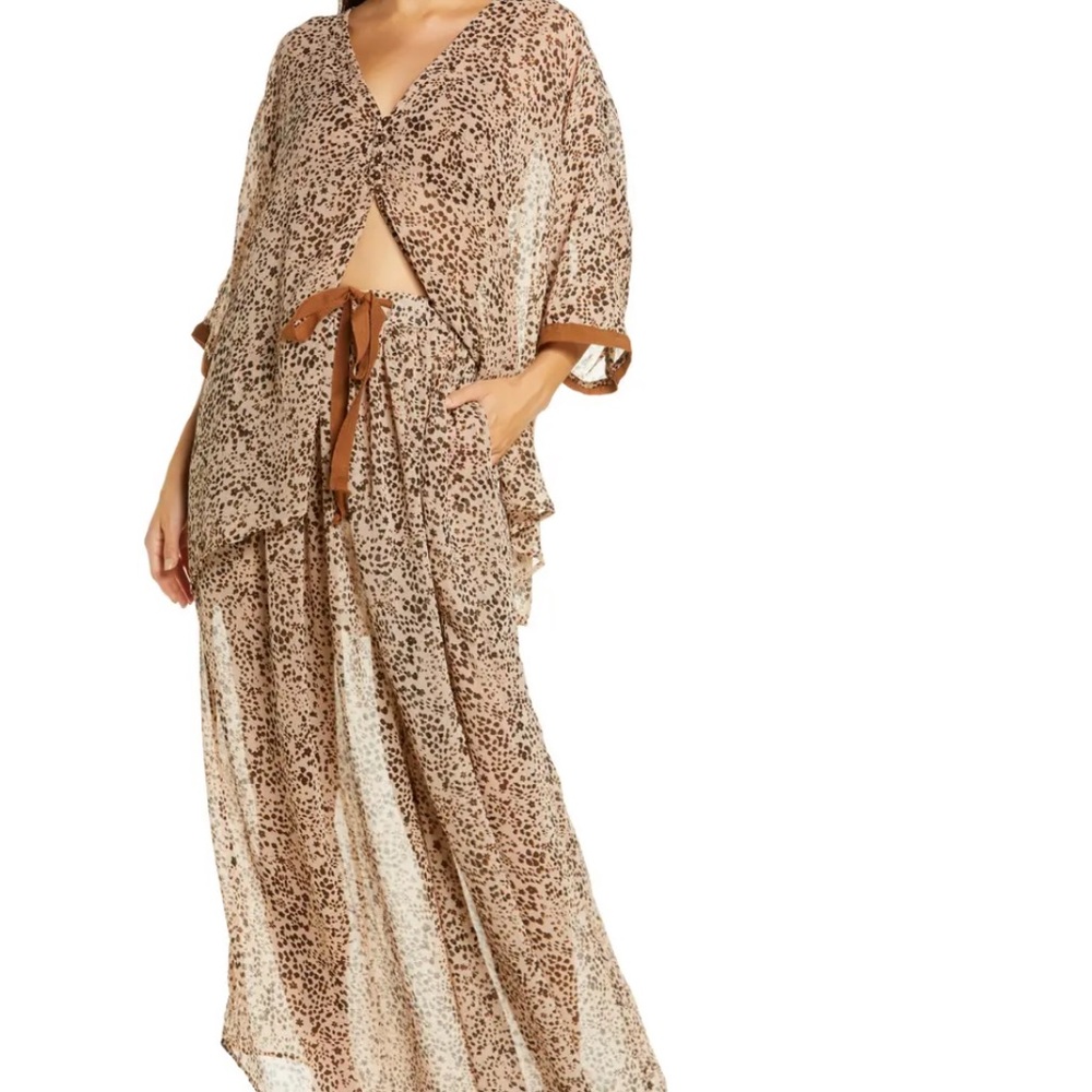 Free People Beige and Brown Leopard Print Sheer Wrap Top